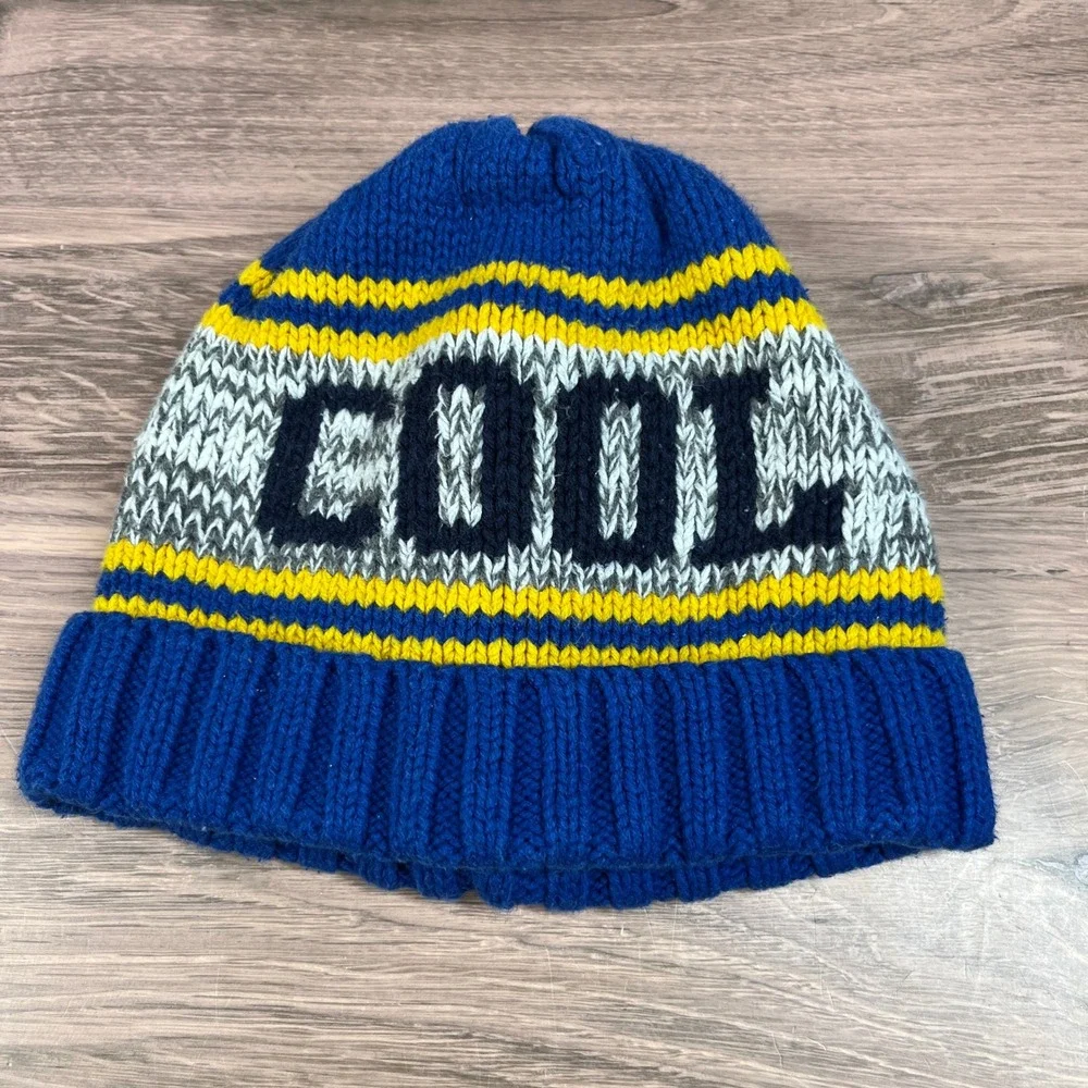 Gymboree Knit Beanie Kids Size M Blue Yellow COOL Graphic Striped Winter Hat
